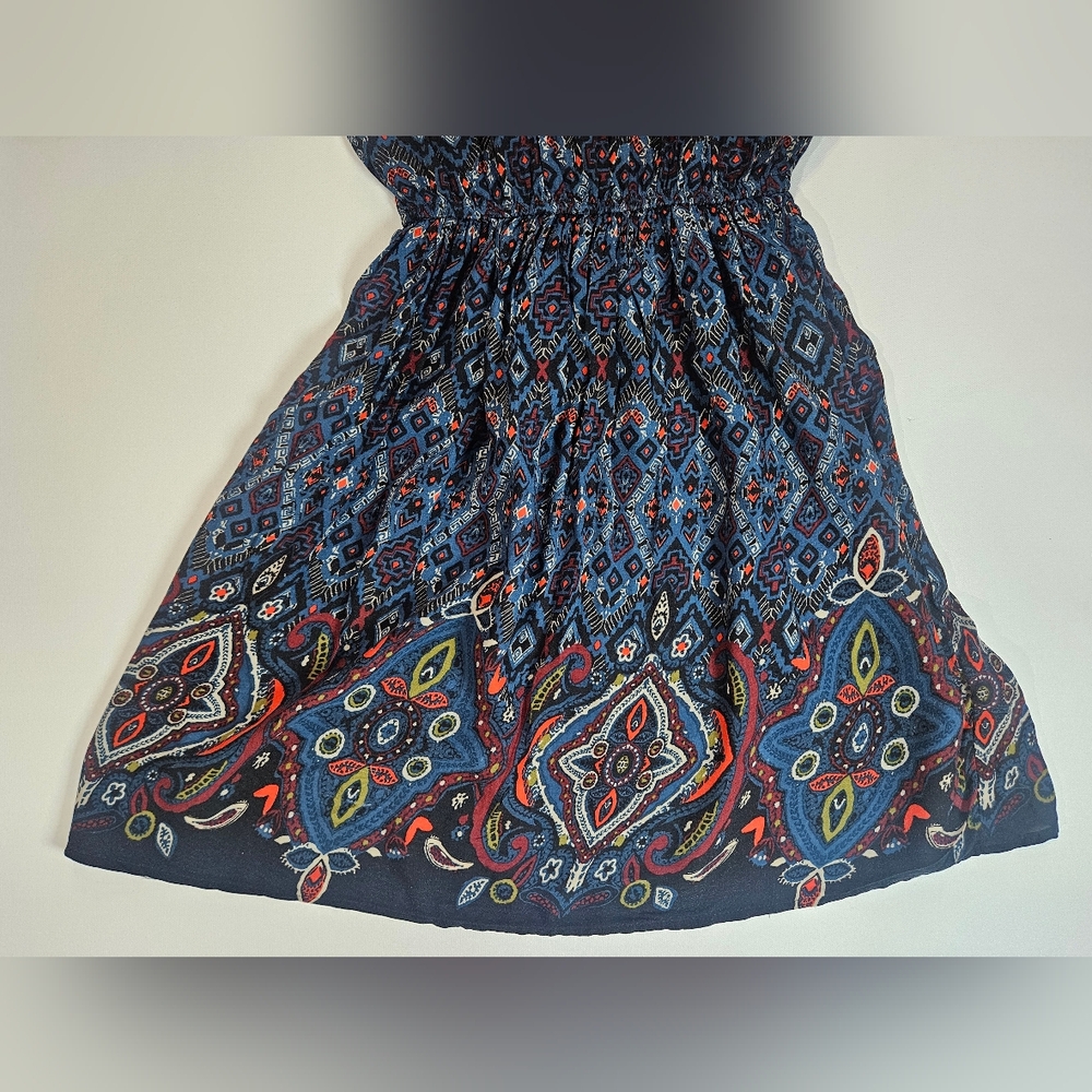 Abercrombie & Fitch Cold Shoulder Dress XS Blue Red Accent Paisley Boho Aztec - Picture 3 of 10